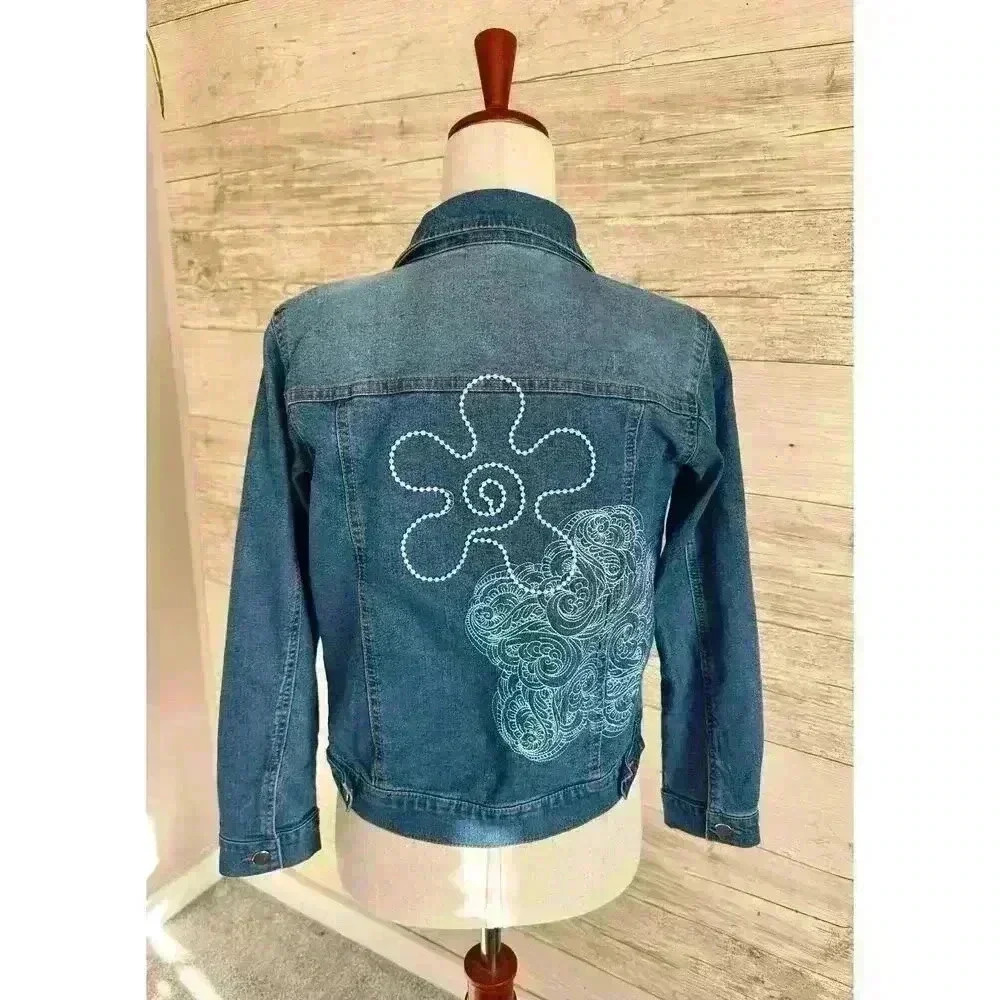 Beautifully Embroidered and Beaded Denim Jacket Medium Wash Custom Size Sm